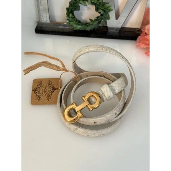 Anna Pellissari Size L Gold Tone Buckle Beige Gray Animal Print Leather Belt NWT - Picture 1 of 16